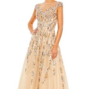 Mac Duggal Nude Sequin Embellished Cap Sleeve Chiffon Ballgown
